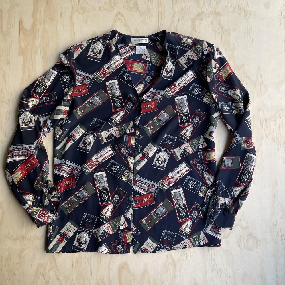 Vintage Liz Claiborne Collection Blouse Womens 6 Blue Silk Travel Matchbook Top